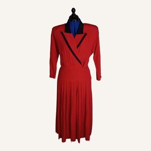 Vintage 1980s John Roberts Red Pleated Dress with Black Trim Size 7/8